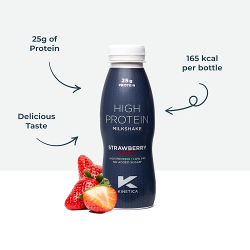 Kinetica Ready-to-Drink Protein Shake, 12 X 330mls, 165 cals, 25g Protein per Bottle, Low Fat (Strawberry) Kinetica uk supplements