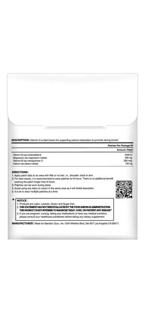 Bariatric Guru VitaBoost Supplement Patch — Vitamin D3, K2, Magnesium & Calcium Citrate Transdermal Topical Patch for Bone, Muscle & Immune Support — 30 Patches Bariatric Guru uk supplements