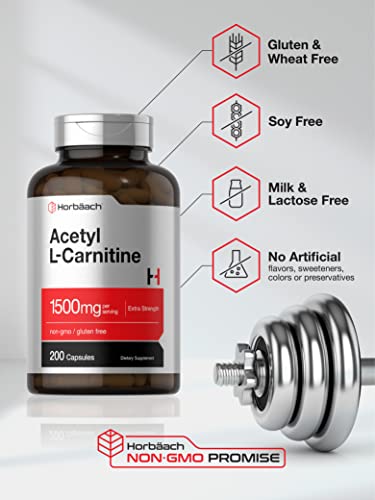Acetyl L-Carnitine 1500mg | 200 Capsules | Extra Strength ALCAR Supplement | Non-GMO Horbäach uk supplements