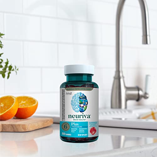 NEURIVA Plus Decaffeinated Nootropic Brain Supplement for Memory, Focus & Concentration & Cognitive Function, Clinically Tested NeuroFactor, Phosphatidylserine, Vitamins B6 B12,50ct Strawberry Gummies NEURIVA uk supplements