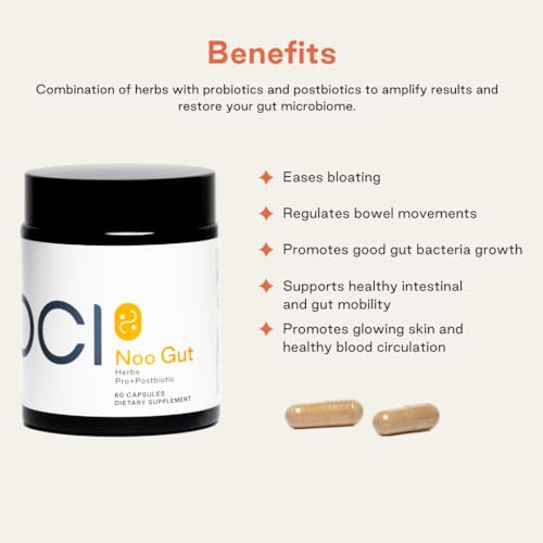 NOOCI NOO Gut, Gut + Skin: 3-in-1 Gut Health Supplement with Herbs, Probiotic & Postbiotic, Digestive Support for Bloating & Constipation, 60 Vegan Capsules NOOCI uk supplements