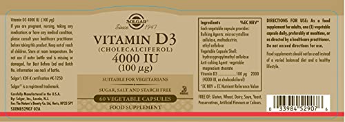 Solgar Vitamin D3 4000 IU (100 µg) Vegetable Capsules - Pack of 60 - Cholecalciferol SOLGAR uk supplements