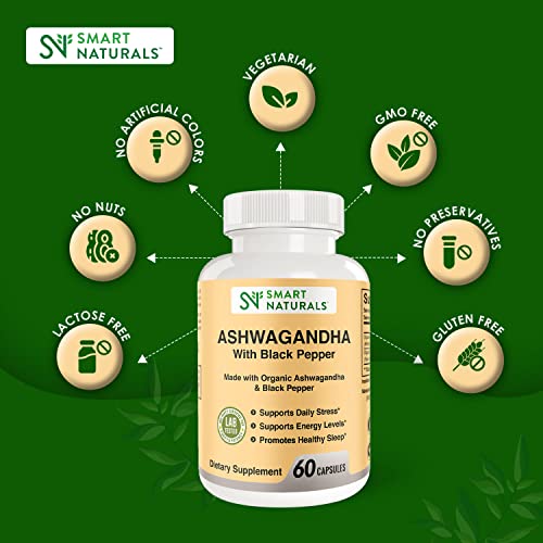 Smart Naturals Organic Ashwagandha with Black Pepper Herbal Supplements, Relieves Smart Naturals uk supplements