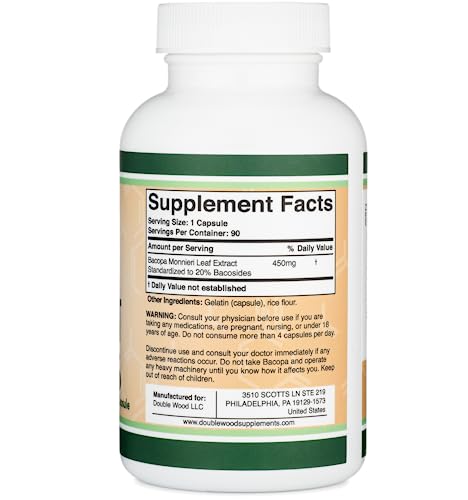 Bacopa Monnieri Capsules 20% Bacosides 450mg, 90 Count (Manufactured in USA Double Wood Supplements uk supplements