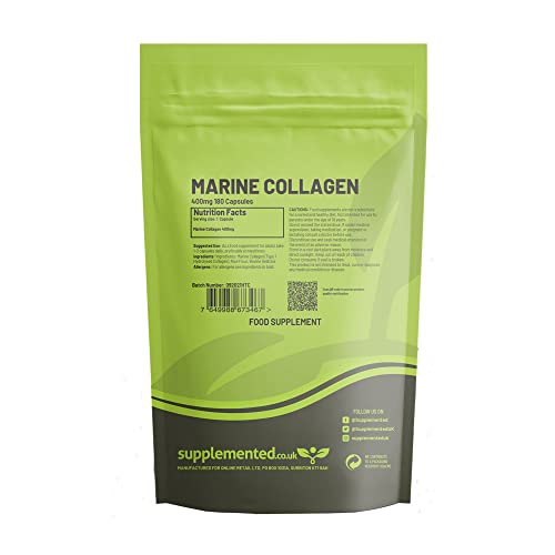 Marine Collagen 180 Capsules 400mg UK Made. Pharmaceutical Grade Type 1 Hydrolysed Supplement. Skin Nails Hair and Joints Supplemented uk supplements