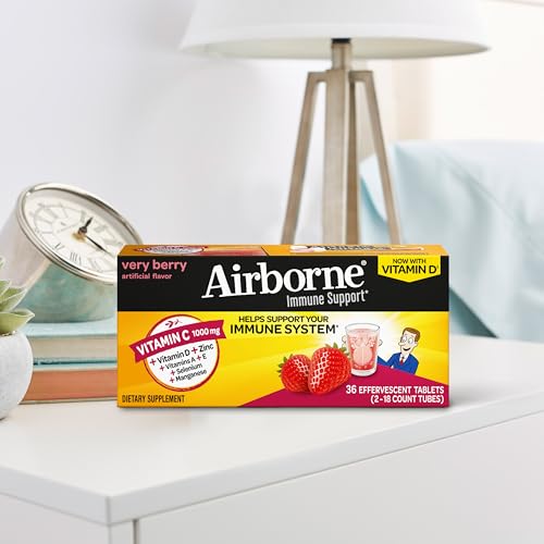 Vitamin C 1000mg (per serving) - Airborne Very Berry Effervescent Tablets (36 count in a box), Gluten-Free Immune Support Supplement, With Vitamins A C E, ZINC, Selenium, Echinacea & Ginger Airborne uk supplements