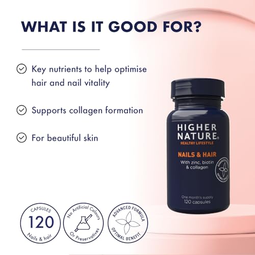 Higher Nature - Nails & Hair - Contains Zinc, Biotin & Collagen - Supports Beautiful Skin - 120 Capsules HIGHER NATURE uk supplements