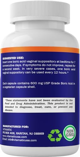 Vitamatic Boric Acid Vaginal Suppositories 600 mg USP Grade Boric Acid in Vegetarian Capsule Shell - 60 Count Vitamatic uk supplements