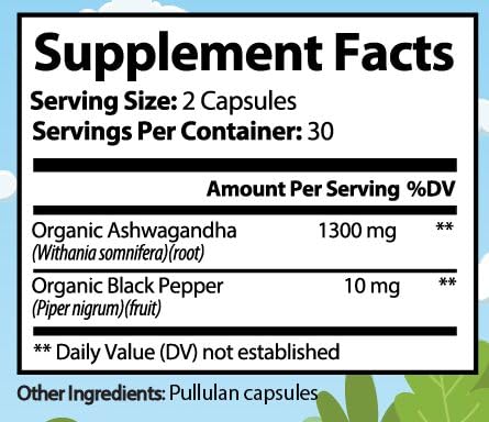 Premium Organic Ashwagandha with Black Pepper - 1300mg per Serving, 60 Capsules - Made in USA, FDA Registered Facility - Enhanced Absorption with Piperine for Optimal Performance Organic Strength uk supplements