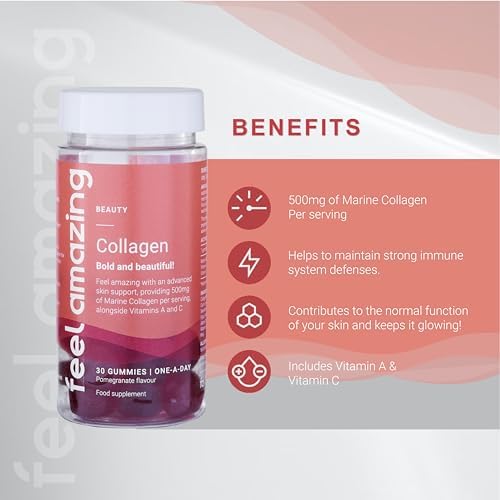 Collagen Gummies with Vitamins A and C, 500mg of Marine Collagen Per Serving, Advanced Skin Support, Feel Amazing uk supplements