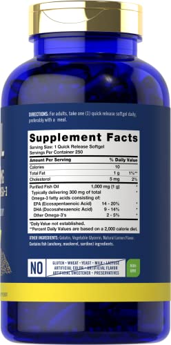 Fish Oil 1000mg | 300mg Omega 3 | 250 Count | Non-GMO and Gluten Free Supplement Carlyle uk supplements