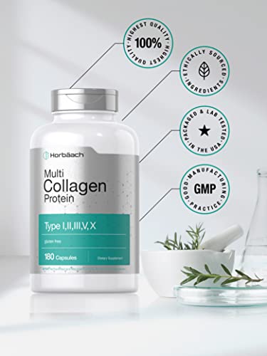 Multi Collagen Protein 2000 mg | 180 Capsules | Type I, II, III, V, X | Collagen Peptide Pills Horbäach uk supplements