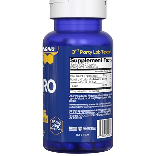 NeuroLife Longevity Supplement - 500mg Taurine & 400mg Berberine Supplement - Clinically Tested MitoPrime L-Ergothioneine - Brain Support for Cognitive Vitality - 60 Berberine Capsules NATURAL STACKS uk supplements