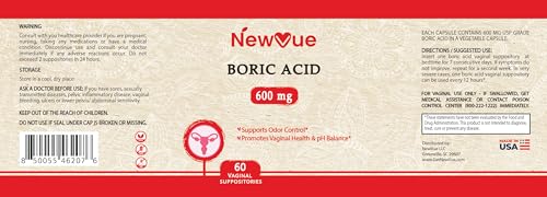 NewVue Boric Acid Vaginal Suppositories (600mg, 60 Count) Supports Vaginal pH Balance, Odor Control (USP Medical Grade Fine Powder, Easy Dissolve, Third Party Tested, Made in USA) NewVue uk supplements
