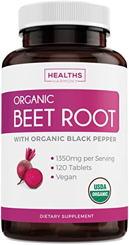 USDA Organic Beet Root Powder (120 Tablets) 1350mg Beets Per Serving with Black Pepper Healths Harmony uk supplements