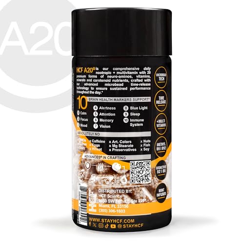 HCF A20 Microbead Brain Health Supplements for Adults for Memory, Focus, Calm, Mood, Alertness, Attention, Vision, Sleep, Immune System, 20 Premium Nootropic Nutrients Multivitamin & 7 Advances® Tech HCF uk supplements