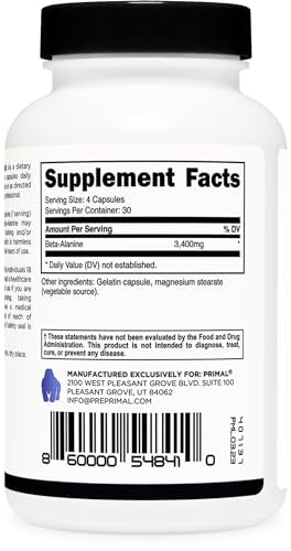 Primal Beta-Alanine Capsules 3400mg (30 Servings, 120 Capsules) - Supplement, Gluten Primal uk supplements