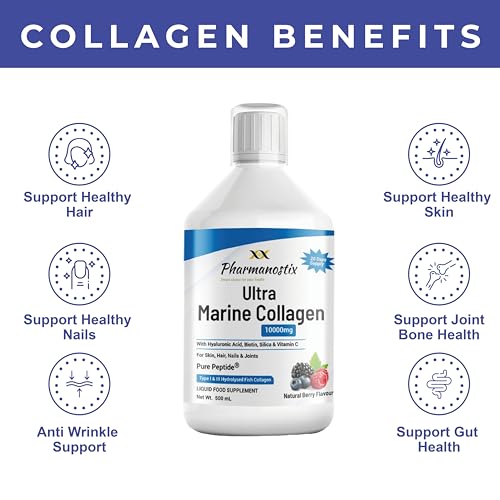 Marine Collagen Liquid 10000mg Sugar Free Berry Flavour, Hydrolysed Peptides, Hyaluronic Acid, Biotin, Silica, Vitamin C, Healthy Skin Pharmanostix uk supplements
