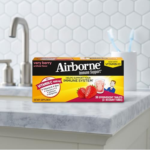 Vitamin C 1000mg (per serving) - Airborne Very Berry Effervescent Tablets (36 count in a box), Gluten-Free Immune Support Supplement, With Vitamins A C E, ZINC, Selenium, Echinacea & Ginger Airborne uk supplements