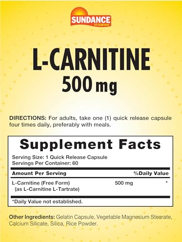 L-Carnitine 500mg | 60 Capsules | Free Form Amino Acid | Non-GMO and Gluten Free Sundance uk supplements
