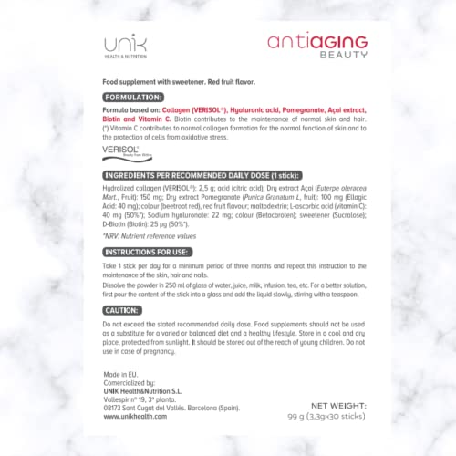 Unik Antiaging Beauty | Hydrolysed Collagen VERISOL (5 Clinical Studies) with Hyaluronic Acid UN 1K HEALTH & NUTRITION uk supplements