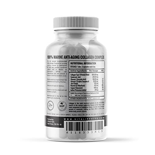 Marine Collagen Complex - High Strength Capsules for Hair, Skin, Nails & Joint Support - Vitamins B2 C & E VITALITYVITS uk supplements