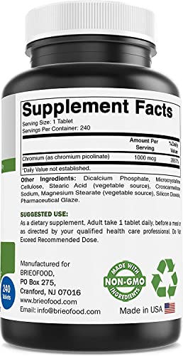 Brieofood Chromium Picolinate 1000 mcg Pills - 240 Tablets - 240 Servings - Non-GMO Brieofood uk supplements