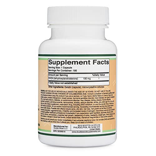 DHEA 100mg | 180 Capsules | Max Strength 6 Month Supply | Third Party Tested | Hormone Double Wood Supplements uk supplements