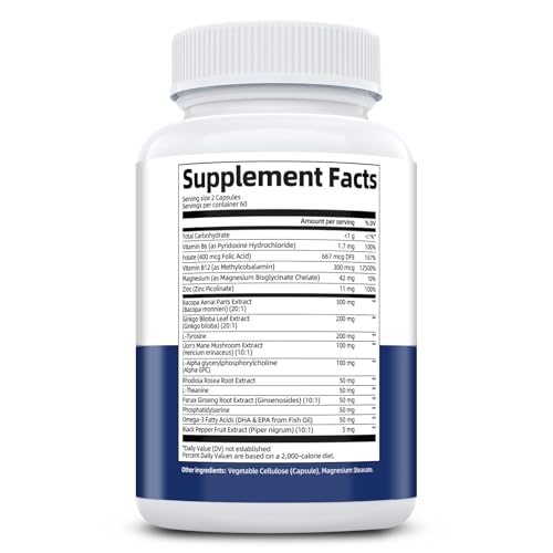 Brain Supplements for Memory & Focus - Nootropic with Bacopa Monnieri, Lion's Mane, Alpha GPC, Phosphatidylserine | Supports Mental Clarity & Cognitive Function | Vitamin B6 & B12-120 Capsules Migcopat uk supplements