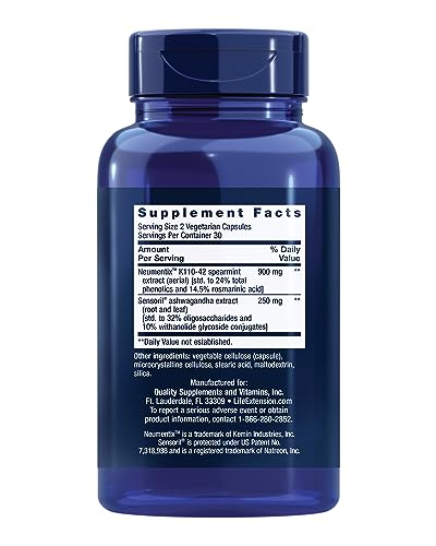 Life Extension Ashwagandha Plus Calm & Focus, ashwagandha Extract, Spearmint Extract, Focus, Attention, Relaxation, Advanced Formula, 60 Vegetarian Capsules Life Extension uk supplements