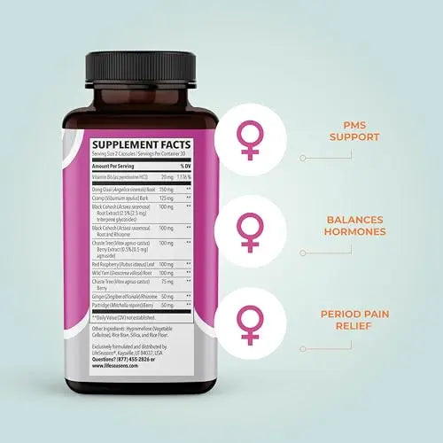 LifeSeasons - PreMense-T - PMS Relief Supplement - Support for Pre-Menstrual Symptoms, Cramping & Breast Tenderness - Nourish Tissue - Ginger Crampbark Dong Quai Chasteberry & Vitamin B6-60 Capsules LifeSeasons uk supplements