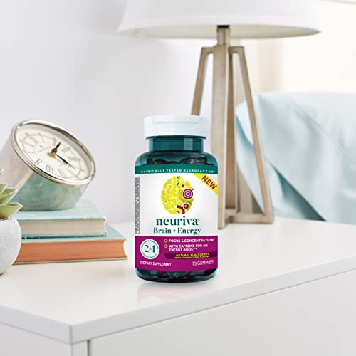 NEURIVA Brain + Energy Gummies, Nootropic Brain Supplements for Focus and Concentration with Neurofactor, Vitamin B12 & Caffeine for an Energy Boost*, 75ct Natural BlackBerry NEURIVA uk supplements