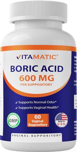 Vitamatic Boric Acid Vaginal Suppositories 600 mg USP Grade Boric Acid in Vegetarian Capsule Shell - 60 Count Vitamatic uk supplements
