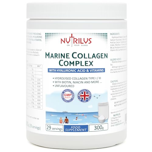 Hydrolysed Marine Collagen Powder 300g with Hyaluronic Acid and Vitamins - 29 Servings Nutrilus uk supplements