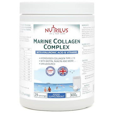 Hydrolysed Marine Collagen Powder 300g with Hyaluronic Acid and Vitamins - 29 Servings Nutrilus uk supplements