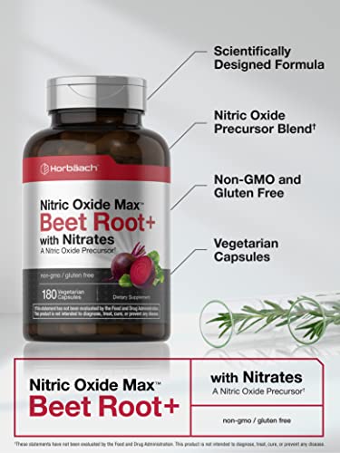 Nitric Oxide Beet Root Capsules | with Nitrates | 180 Count | Nitric Oxide Precursor | Vegetarian Horbäach uk supplements