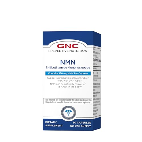 GNC Preventive Nutrition NMN, 150 mg, NAD+ Booster Supplement for Cellular Energy & DNA Repair, Anti-Aging Support, 60 Capsules, Gluten Free, 60 svg GNC uk supplements