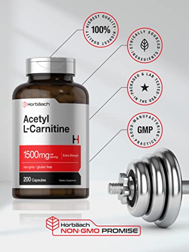 Acetyl L-Carnitine 1500mg | 200 Capsules | Extra Strength ALCAR Supplement | Non-GMO Horbäach uk supplements