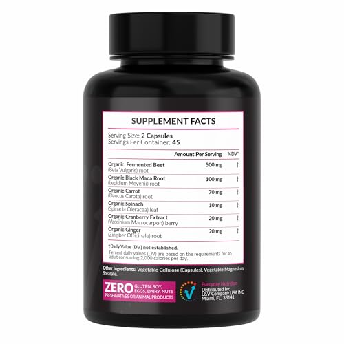 EVERYDAY NUTRITION Organic Fermented Beet Root & Black Maca Capsules with Carrot, Spinach, Cranberry & Ginger | Superfood for Energy, Stamina & Wellness | 90 Veggie Capsules | Made in USA EVERYDAY NUTRITION uk supplements