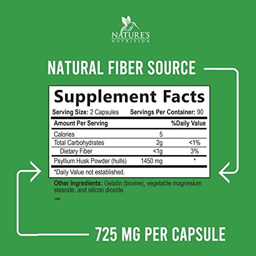 High Absorption Psyllium Husk Capsules 1450mg, Natural Soluble Fiber Supplement Non-GMO Nature's Nutrition uk supplements