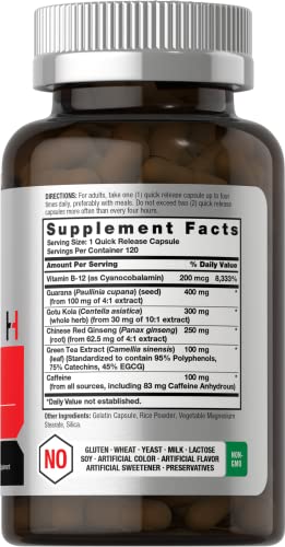 Ultra Energy Supplement | 120 Capsule Pills | with Caffeine & Vitamin B12 | Daily Energy Booster Horbäach uk supplements