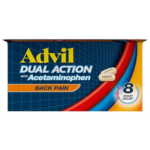 Advil Dual Action Back Pain Caplets Delivers 125mg Ibuprofen and 250mg Acetaminophen Per Dose for 8 Hours of Back Pain Relief - 144 Count Advil uk supplements