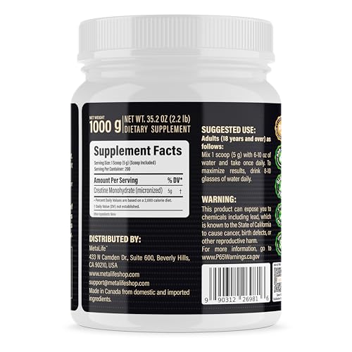 METALIFE 100% Pure Creatine Monohydrate Powder, Canada-Made, 1000 g (200 Servings) Micronized Powder, Muscle Growth, Unflavored, Ideal for Athletes & Fitness Enthusiasts, Third party lab tested, Vegan METALIFE uk supplements