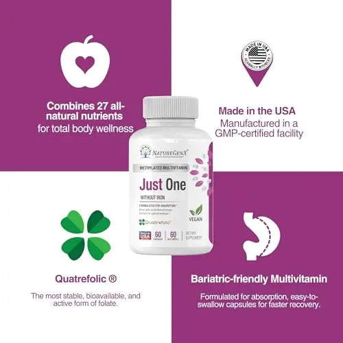 NatureGenX Just One Daily Methylated Multivitamin - 60 Caps Pure Methyl B12, Methylfolate MTHFR Support Supplement Iron Free Methylated Vitamins NatureGenX uk supplements