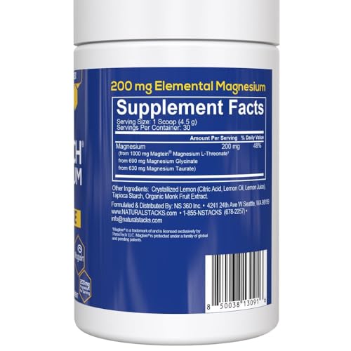 Magtein Magnesium L-Threonate, Glycinate & Taurate - MagTech Magnesium Powder - Sugar Free Lemonade Drink - 200mg Chelated Triple Complex - Supports Relaxation & Brain Health* - 30 Servings NATURAL STACKS uk supplements