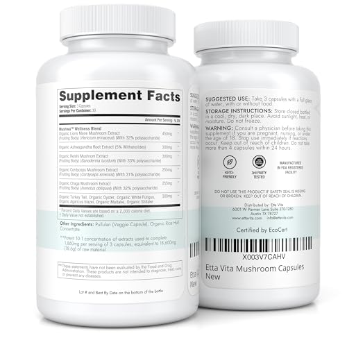 USDA Organic Lions Mane Supplement Capsules with Ashwagandha, Chaga, Reishi, Cordyceps Etta Vita uk supplements