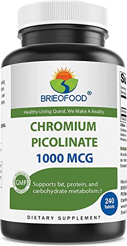 Brieofood Chromium Picolinate 1000 mcg Pills - 240 Tablets - 240 Servings - Non-GMO Brieofood uk supplements