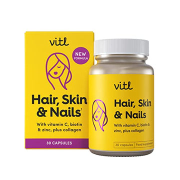VITL Hair, Skin & Nails + Collagen, A dose of Classic Complexion Heroes Such as Collagen, Vitamin E, Biotin and Zinc | 30 Capsules VITL uk supplements