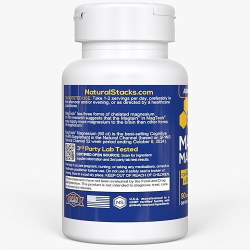 Magtein Magnesium L-Threonate, Glycinate & Taurate – 200mg Chelated Magnesium Complex – MagTech Magnesium Supplement for Relaxation & Brain Health – 90 Capsules NATURAL STACKS uk supplements