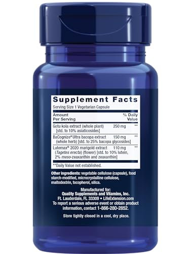Life Extension Quick Brain Nootropic, Fast Thinking, Learning, Concentration, Lutein, zeaxanthin, gotu kola, bacopa, Gluten Free, Non-GMO, Vegetarian, 1 Daily, 30 Capsules, (Pack of 2) Life Extension uk supplements